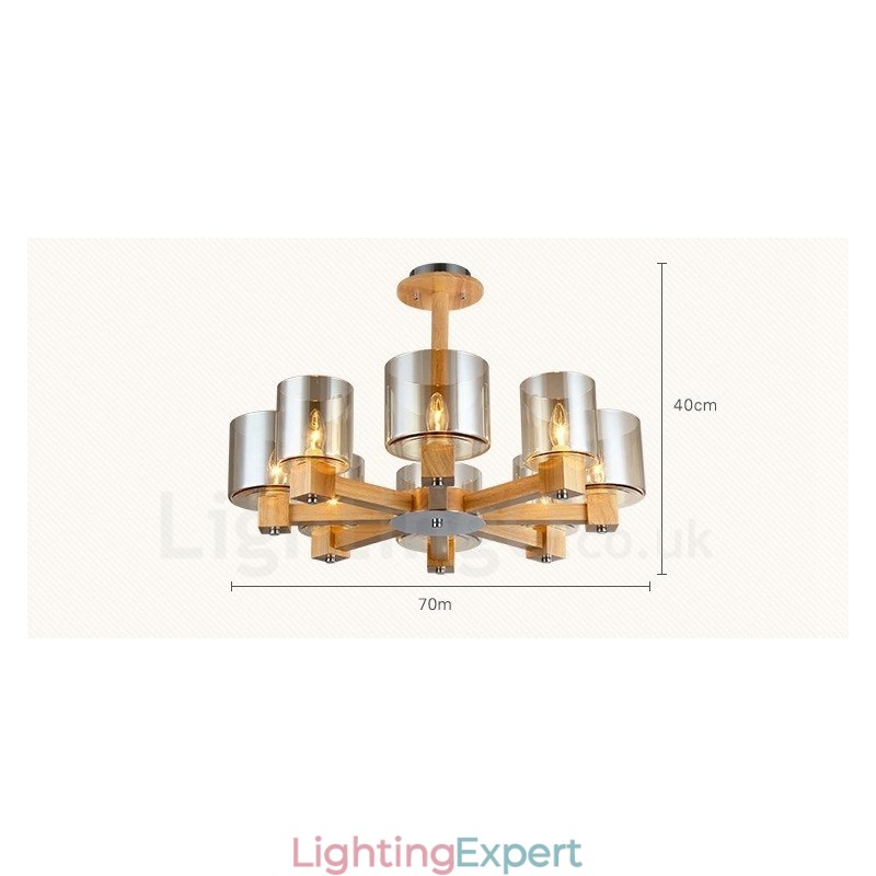8 Light Wood Modern Contemporary Nordic style Chandelier with Glass Shade