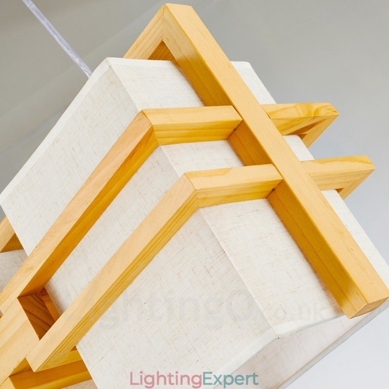 2 Light Wood Retro Vintage Pendant Light with Fabric Shade