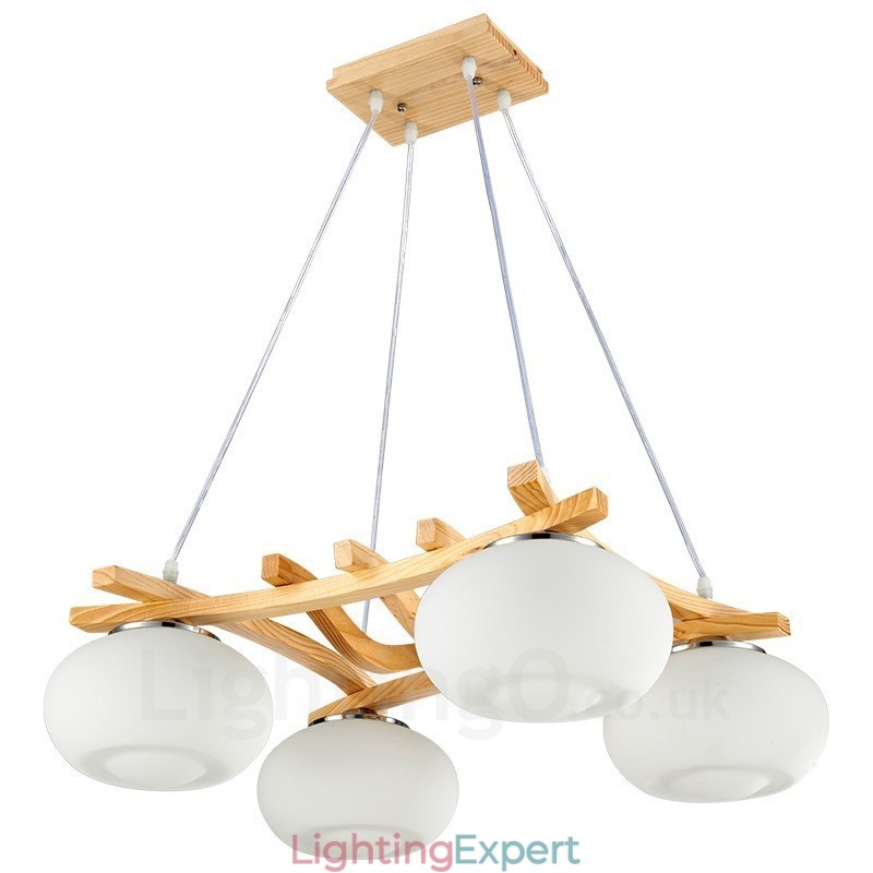 4 Light Wood Rustic Lodge Pendant Light with Glass Shade