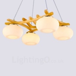 4 Light Wood Rustic Lodge Pendant Light with Glass Shade