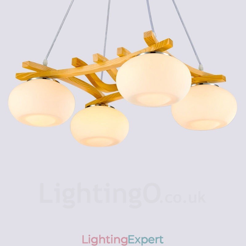 4 Light Wood Rustic Lodge Pendant Light with Glass Shade