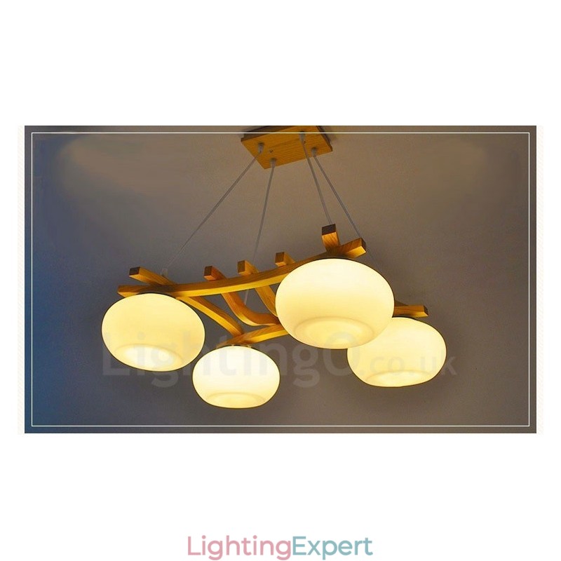 4 Light Wood Rustic Lodge Pendant Light with Glass Shade