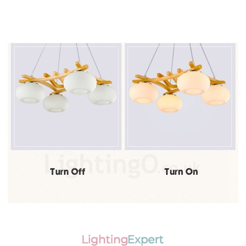 4 Light Wood Rustic Lodge Pendant Light with Glass Shade
