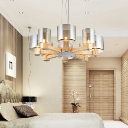8 Light Wood Modern Contemporary Nordic style Pendant Light with Glass Shade