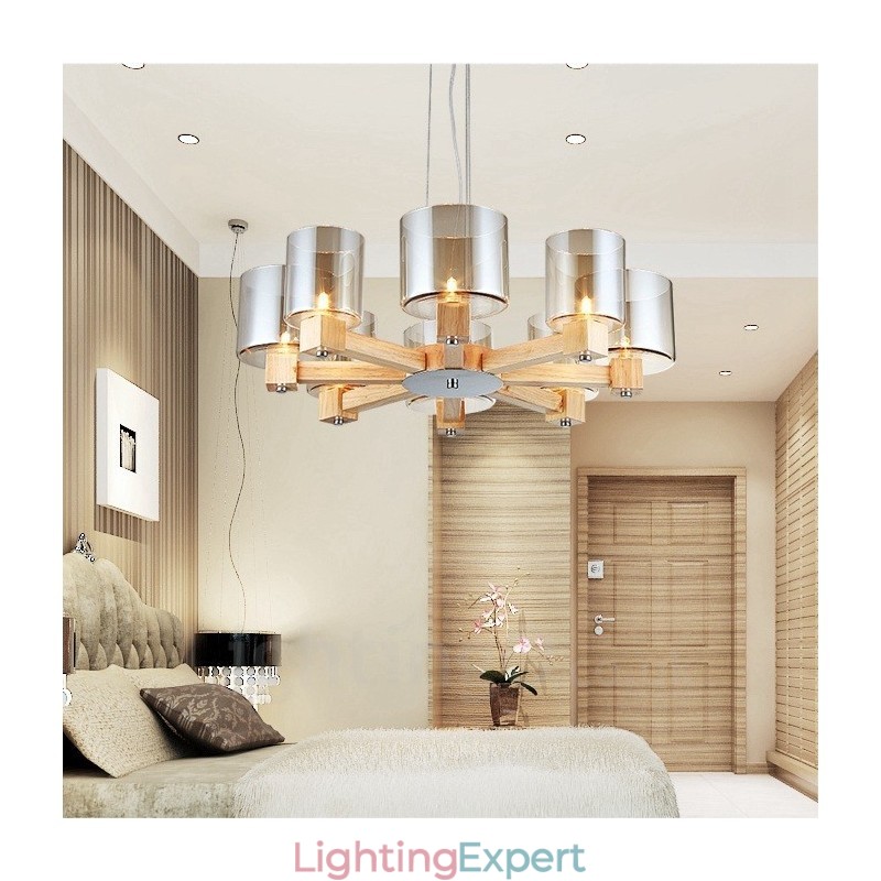 8 Light Wood Modern Contemporary Nordic style Pendant Light with Glass Shade
