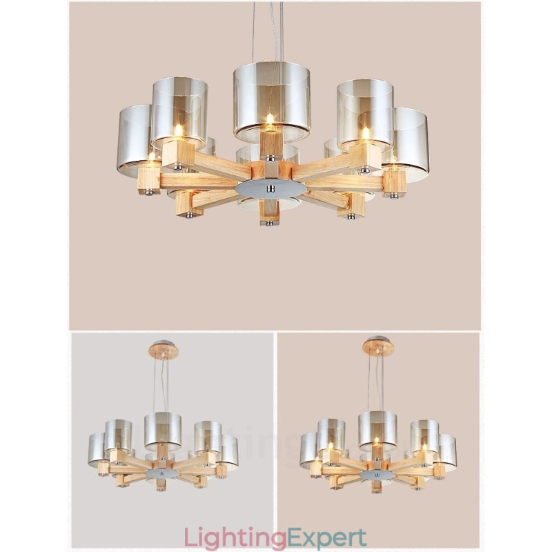 8 Light Wood Modern Contemporary Nordic style Pendant Light with Glass Shade
