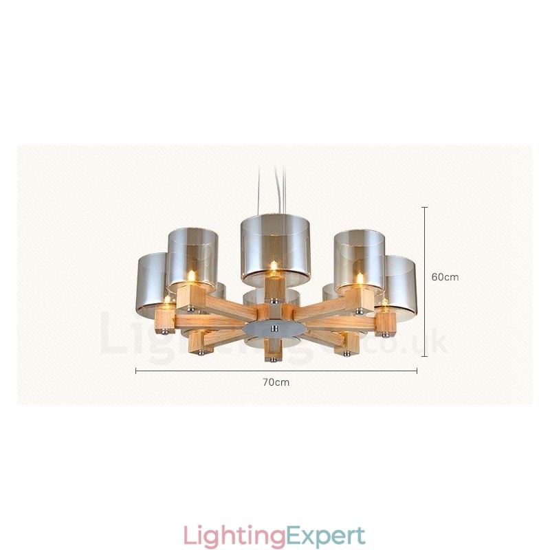 8 Light Wood Modern Contemporary Nordic style Pendant Light with Glass Shade