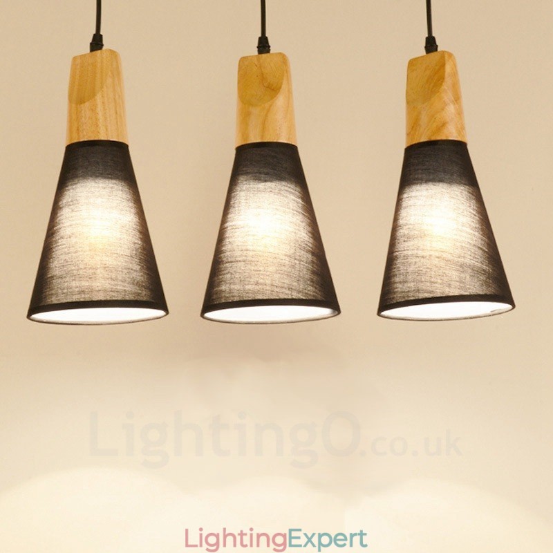 3 Light Wood Modern Contemporary Pendant Light with Fabric Shade