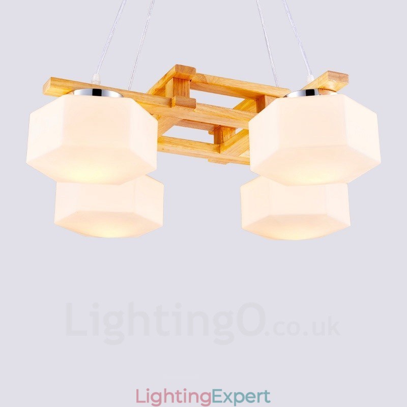 4 Light Wood Modern Contemporary Nordic style Pendant Light with Glass Shade