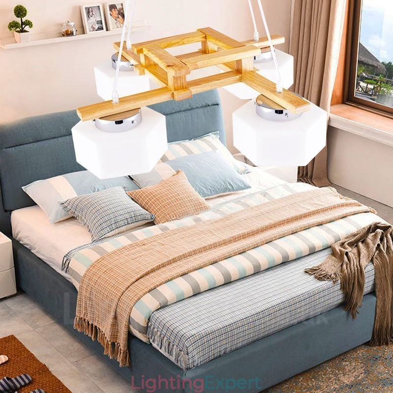 4 Light Wood Modern Contemporary Nordic style Pendant Light with Glass Shade