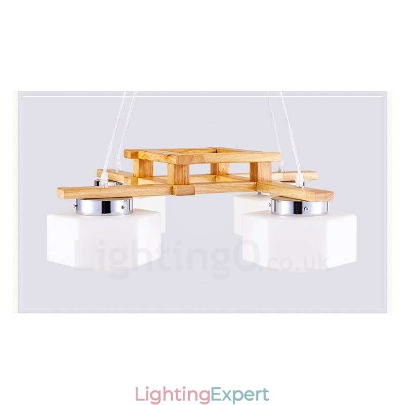 4 Light Wood Modern Contemporary Nordic style Pendant Light with Glass Shade