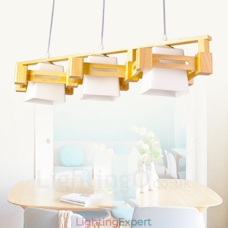 3 Light Wood Modern Contemporary Nordic style Pendant Light with Fabric Shade