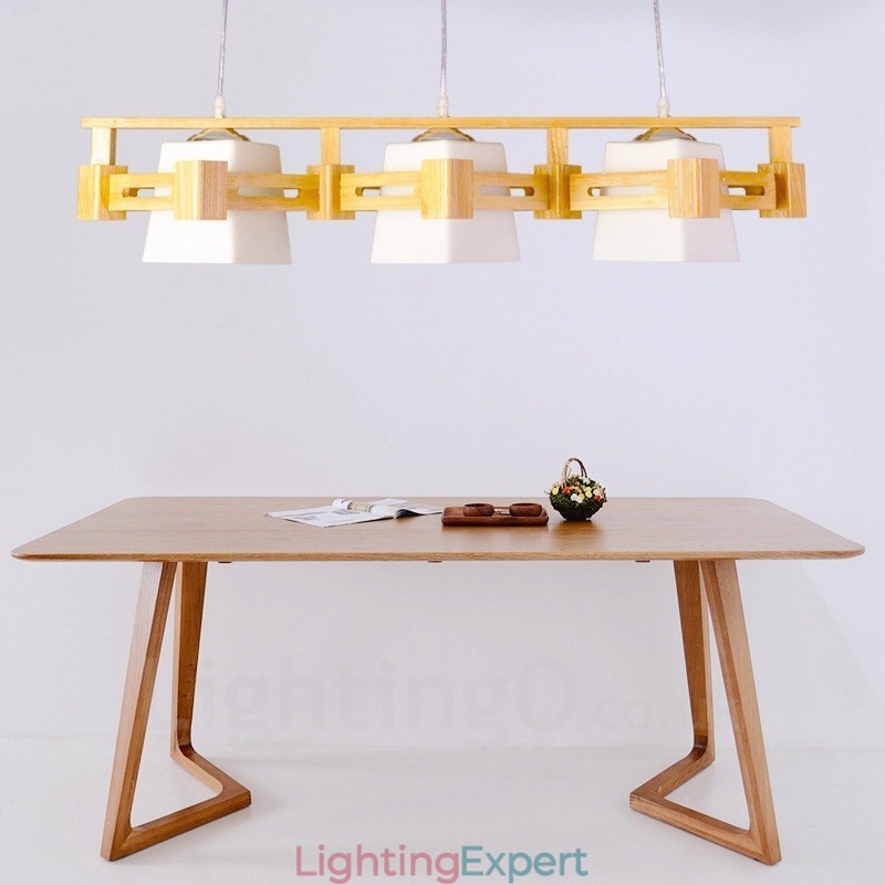 3 Light Wood Modern Contemporary Nordic style Pendant Light with Fabric Shade