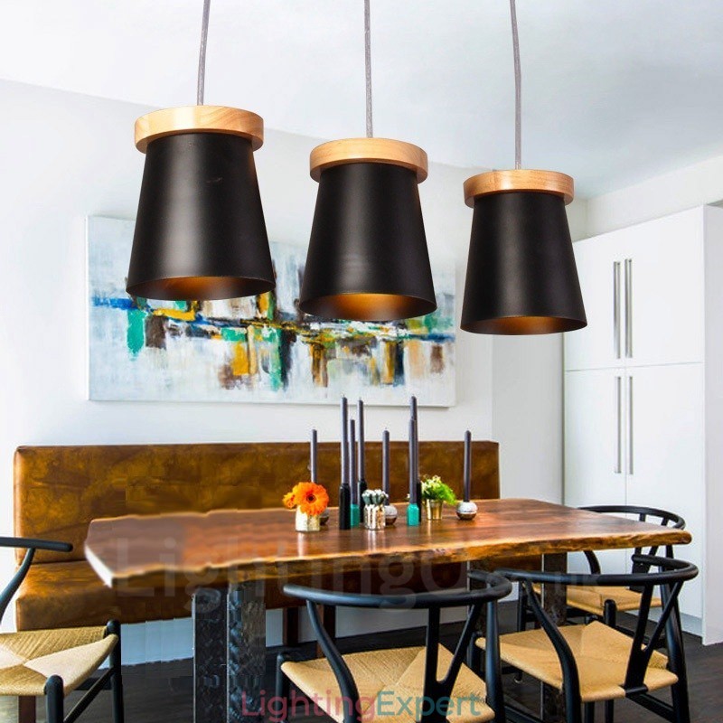 3 Light Wood Modern Contemporary Nordic style Pendant Light with Iron Shade