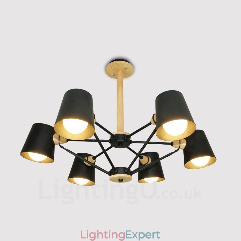 6 Light Wood Modern Contemporary Nordic style Pendant Light with Iron Shade