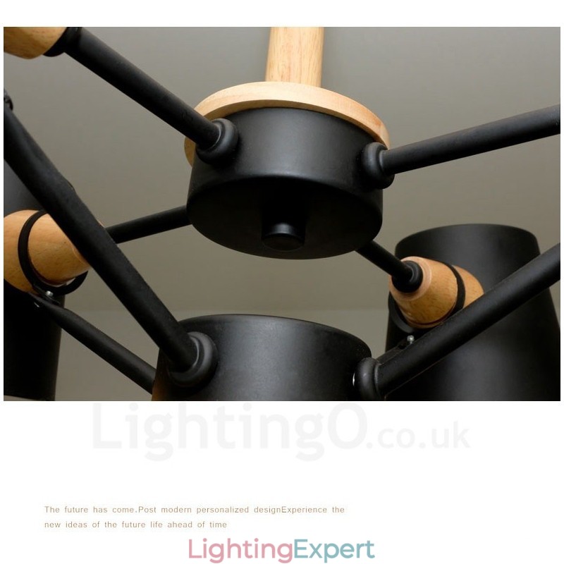 6 Light Wood Modern Contemporary Nordic style Pendant Light with Iron Shade