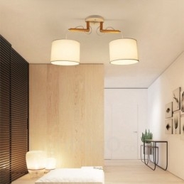 2 Light Wood Modern Contemporary Pendant Light with Fabric Shade