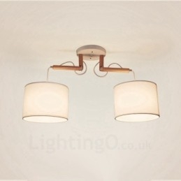 2 Light Wood Modern Contemporary Pendant Light with Fabric Shade