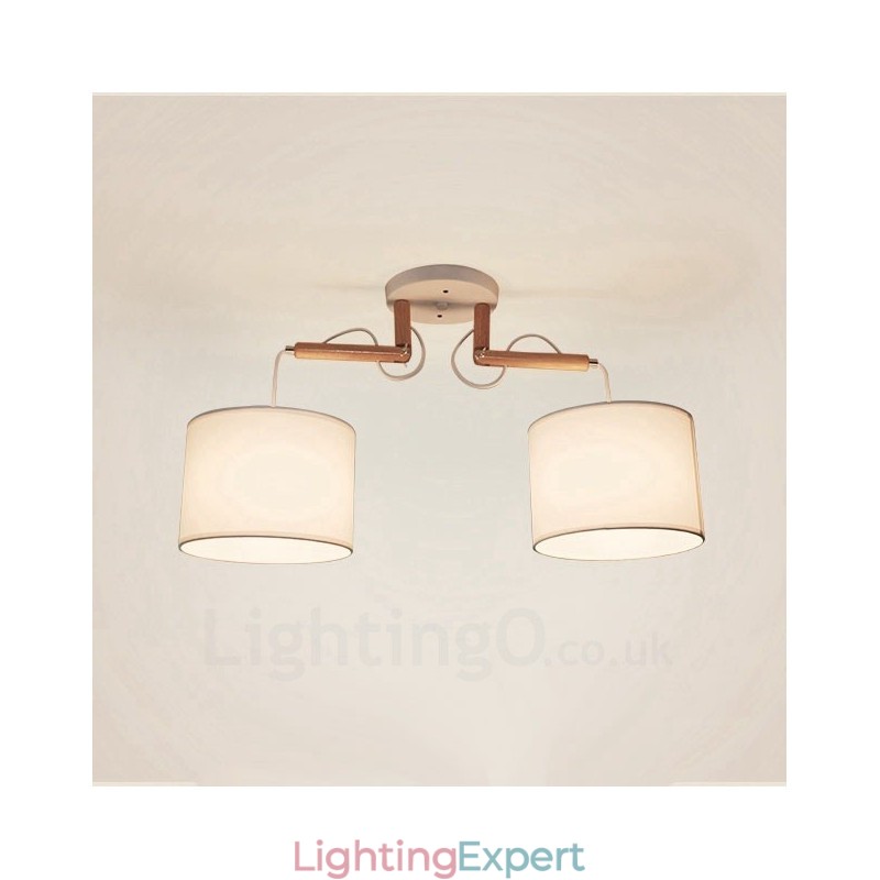 2 Light Wood Modern Contemporary Pendant Light with Fabric Shade