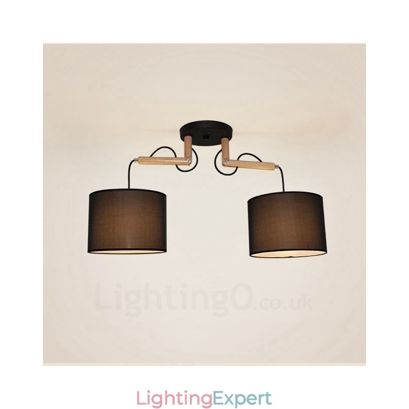 2 Light Wood Modern Contemporary Pendant Light with Fabric Shade