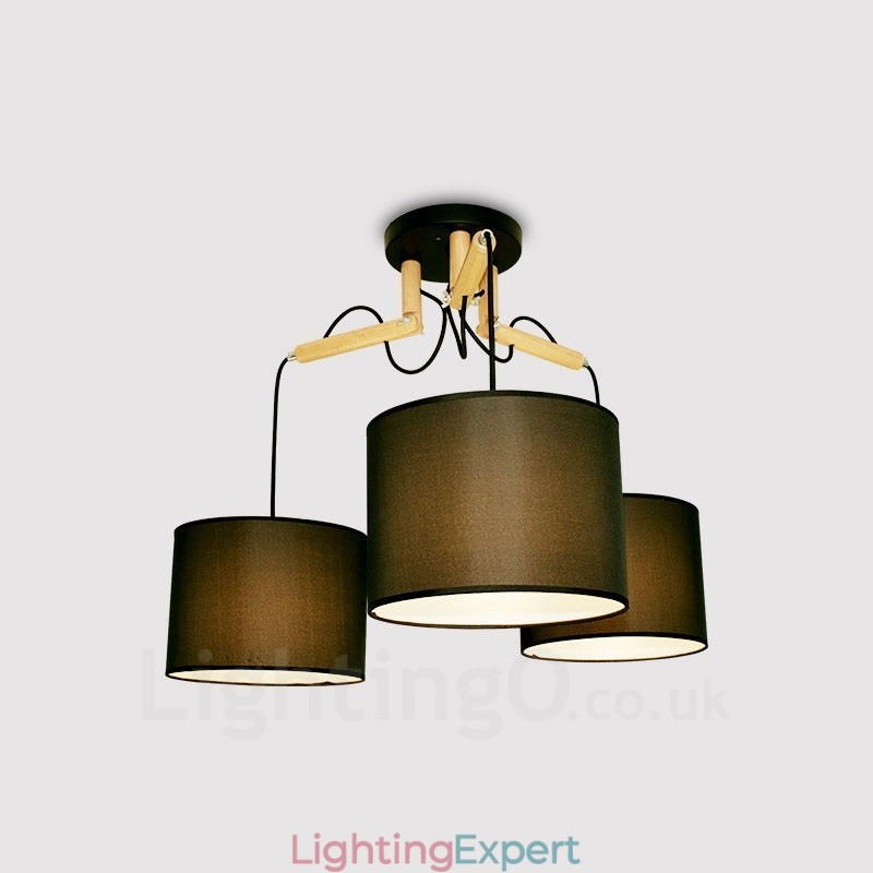 3 Light Wood Modern Contemporary Pendant Light with Fabric Shade