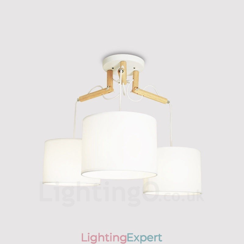 3 Light Wood Modern Contemporary Pendant Light with Fabric Shade