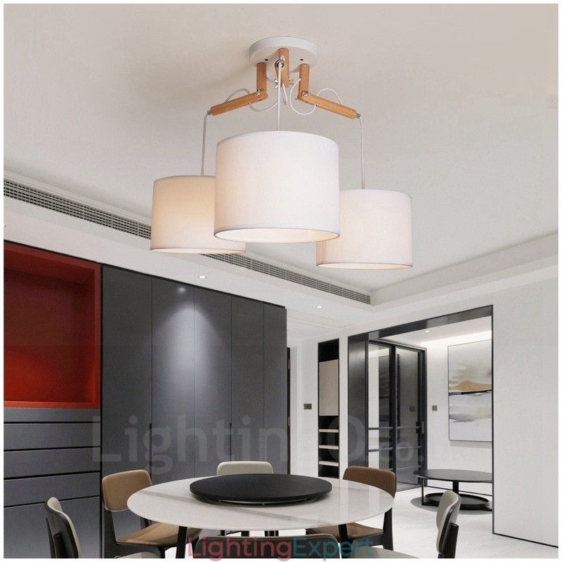 3 Light Wood Modern Contemporary Pendant Light with Fabric Shade