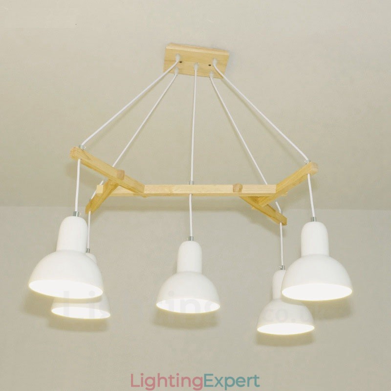 5 Light Wood Modern Contemporary Pendant Light with Iron Shade
