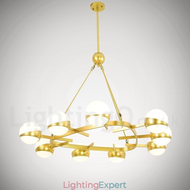 9 Light Modern Contemporary Nordic style Ceiling Lights Copper Plating Chandelier with Gold and White Ball Glass Shade