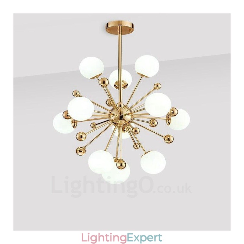 11 Light Modern Contemporary Ceiling Lights Copper Plating Chandelier with White Ball Glass Shade