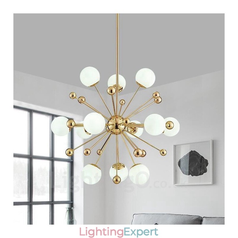 12 Light Modern Contemporary Ceiling Lights Copper Plating Chandelier with White Ball Glass Shade
