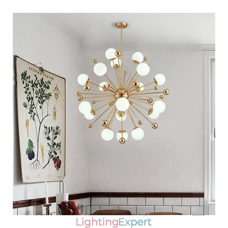 18 Light Modern Contemporary Ceiling Lights Copper Plating Chandelier with White Ball Glass Shade