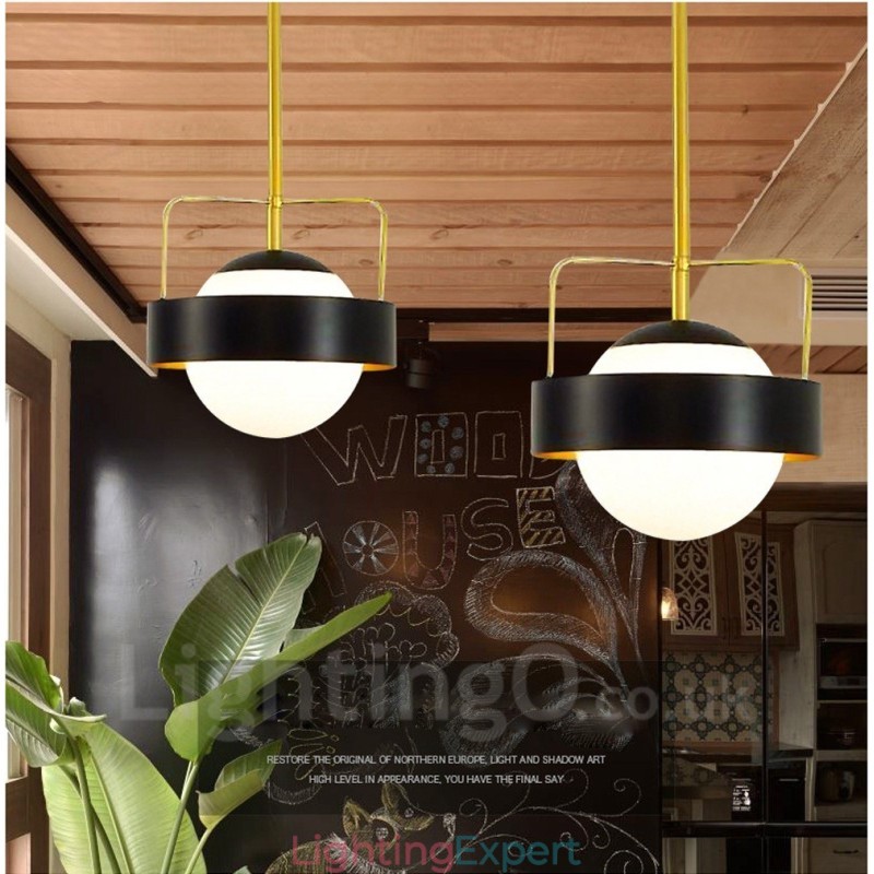 1 Light Modern Contemporary Ceiling Lights Copper Plating Pendant Light with White & Black Ball Glass Shade
