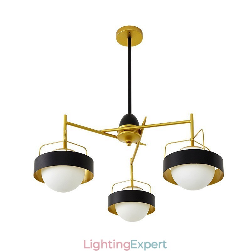 3 Light Modern Contemporary Ceiling Lights Copper Plating Chandelier with White & Black Ball Glass Shade
