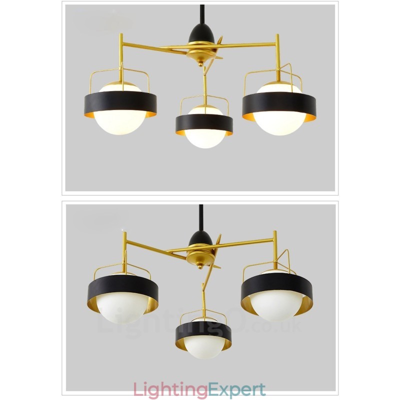 3 Light Modern Contemporary Ceiling Lights Copper Plating Chandelier with White & Black Ball Glass Shade