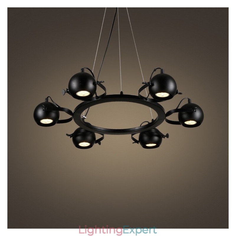 6 Light Retro Vintage Black Iron Pendant Light with Black Iron Ball Shades