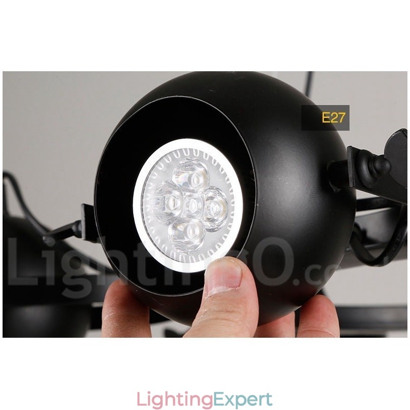 6 Light Retro Vintage Black Iron Pendant Light with Black Iron Ball Shades