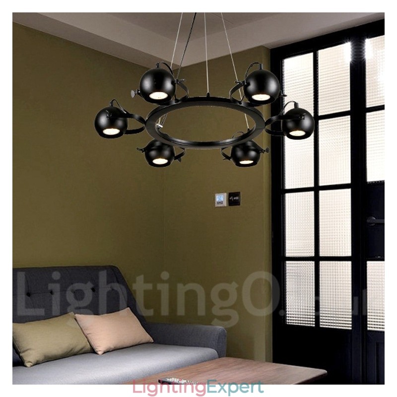 6 Light Retro Vintage Black Iron Pendant Light with Black Iron Ball Shades