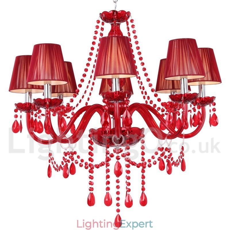 8 Light Red K9 Crystal Candle Style Chandelier