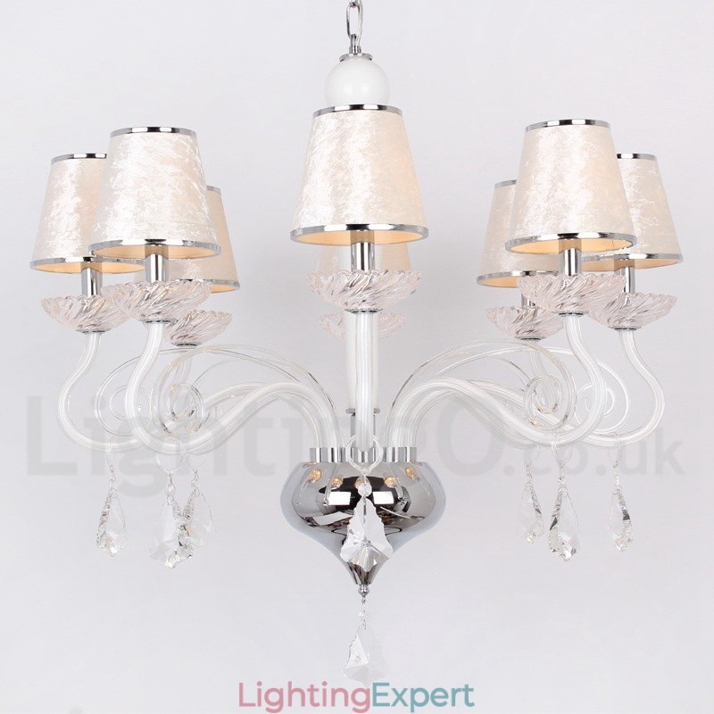 8 Light White Contemporary K9 Crystal Candle Style Chandelier