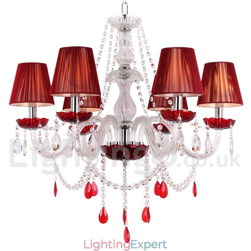 6 Light Red K9 Crystal Candle Style Chandelier