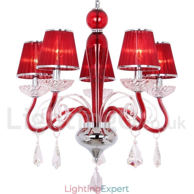 5 Light Red Contemporary K9 Crystal Candle Style Chandelier