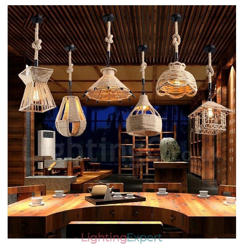 1 Light Rustic Lodge Pendant Light Cafe Hemp Rope Pendant Lamp