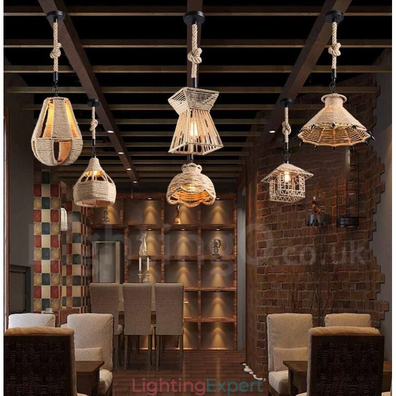 1 Light Rustic Lodge Pendant Light Cafe Hemp Rope Pendant Lamp