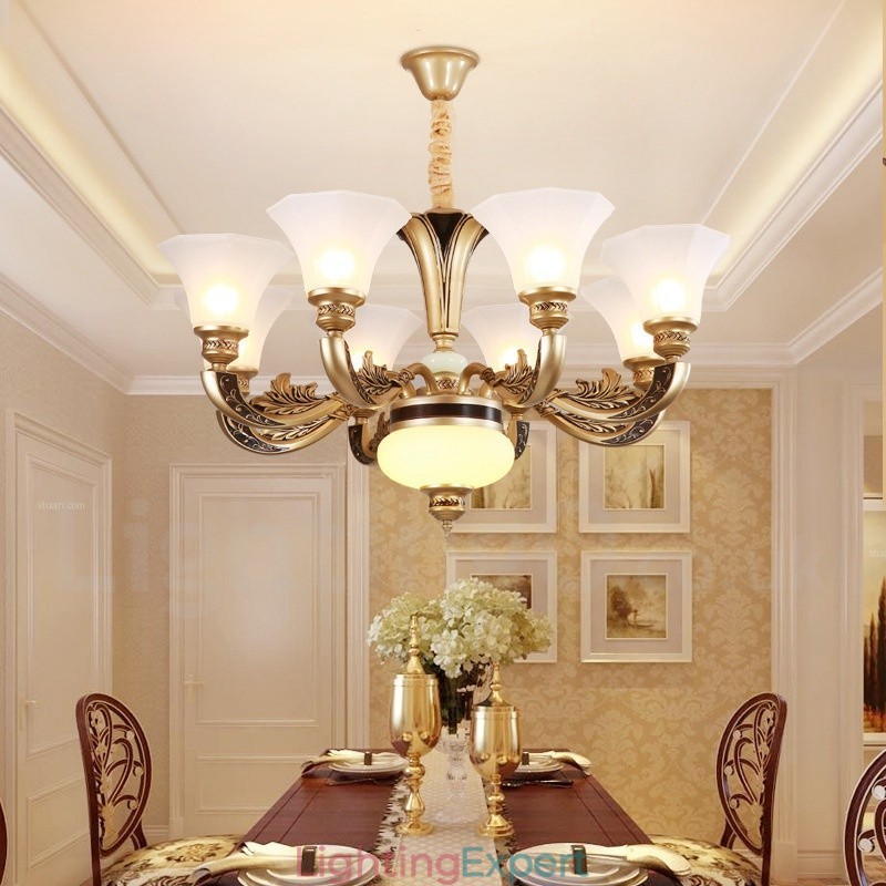 8 Light Retro Traditional Luxury Lobby Chandelier with Glass Shade