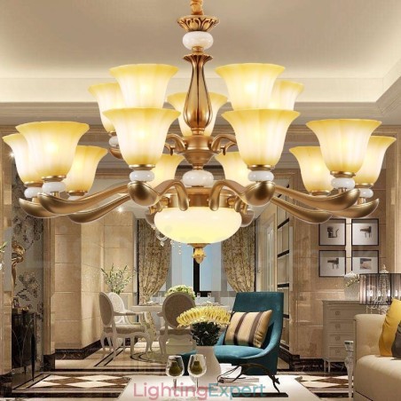 15 Light Retro Traditional Luxury Zinc alloy Chandelier with Glass Shade