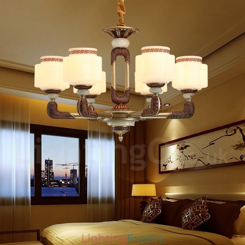 6 Light Retro Traditional Zinc alloy Luxury Lobby Chandelier with Glass Shade