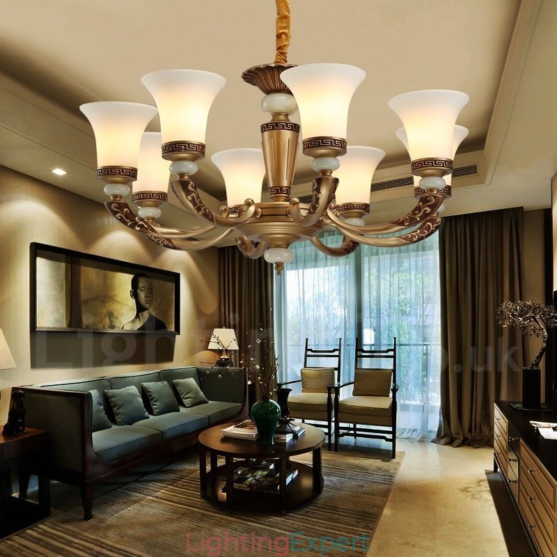 8 Light Retro Traditional Zinc alloy Luxury Lobby Chandelier with Glass Shade
