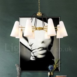 8 Light Retro Rustic Luxury Brass Pendant Lamp Chandelier with Glass Shade