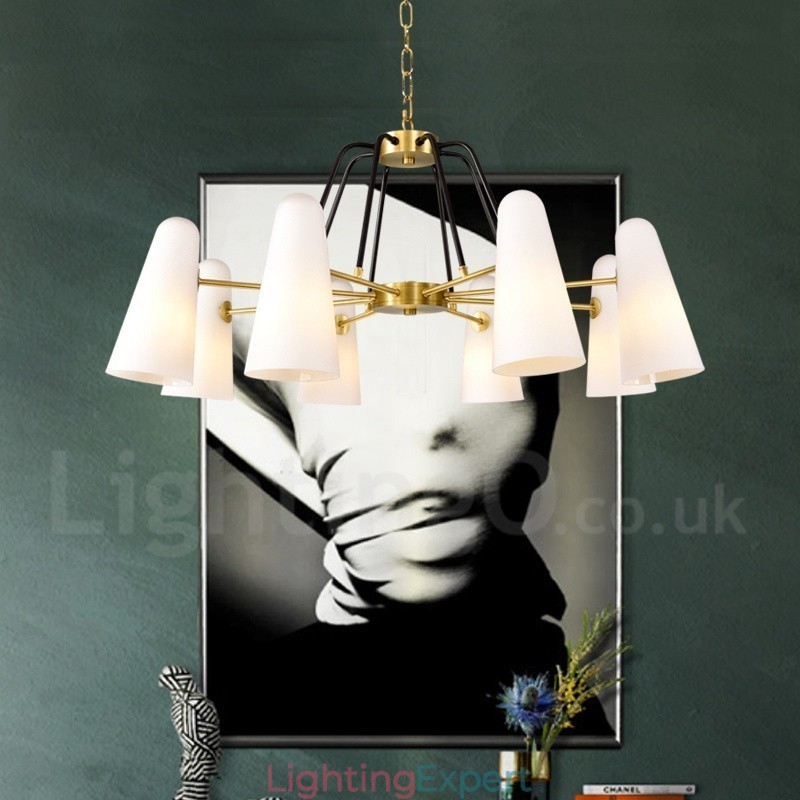 8 Light Retro Rustic Luxury Brass Pendant Lamp Chandelier with Glass Shade